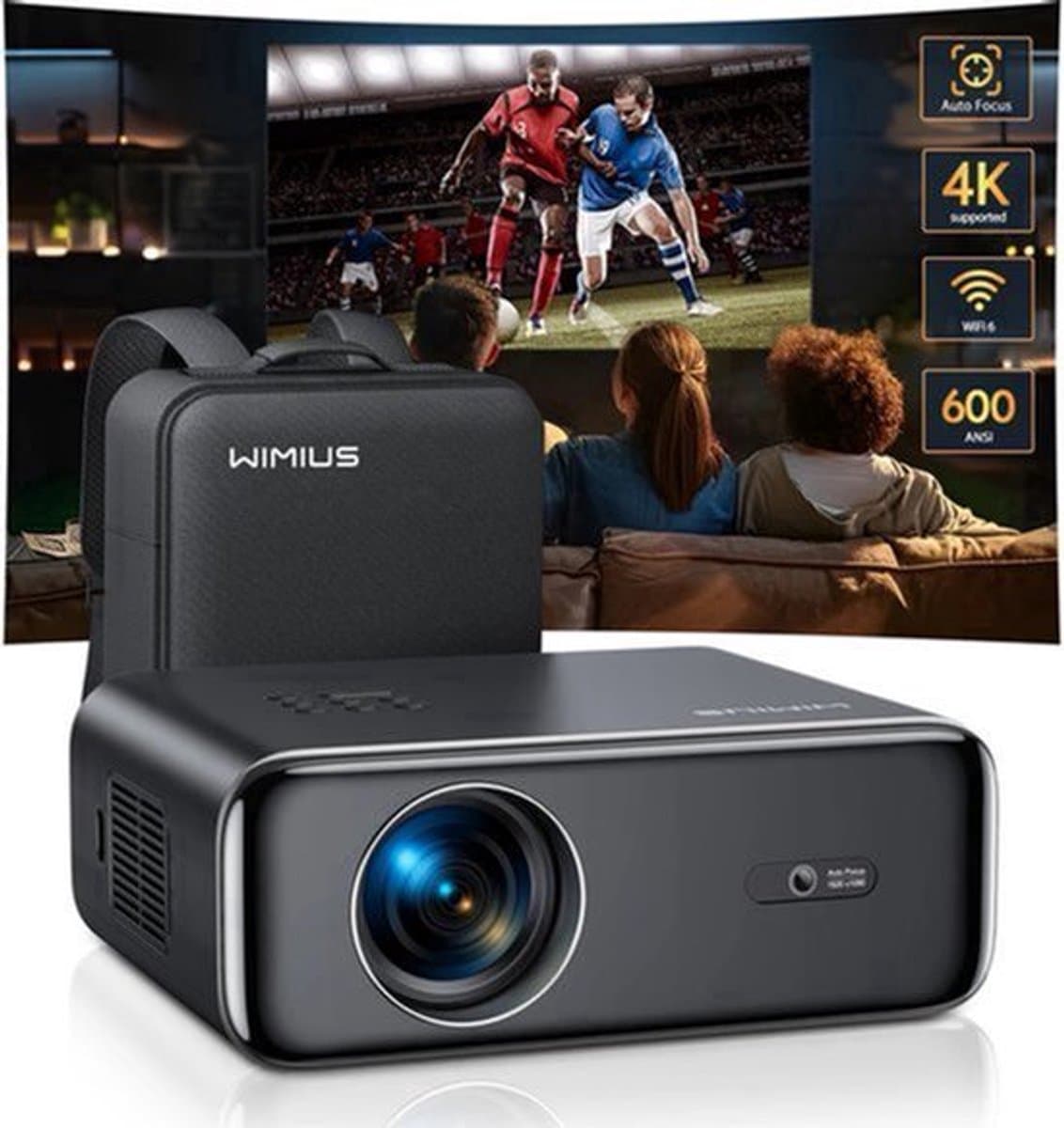 Wimius - Beamer - Projector Beamer - Projector 4k - 1080P - Automatische focus - met WiFi 6 en Bluetooth 5.2 - 600ANSI - Buiten- en thuisprojector - Zwart — afbeelding 1