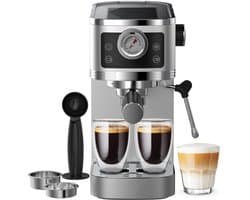 20 Bar Espressomachine met Ingebouwde Drukmeter - Compacte Professionele Koffiemachine (20 cm Breed) met Afneembaar Waterreservoir van 1.3L en Instelbaar Volume voor 1-2 Kopjes - Zilver
