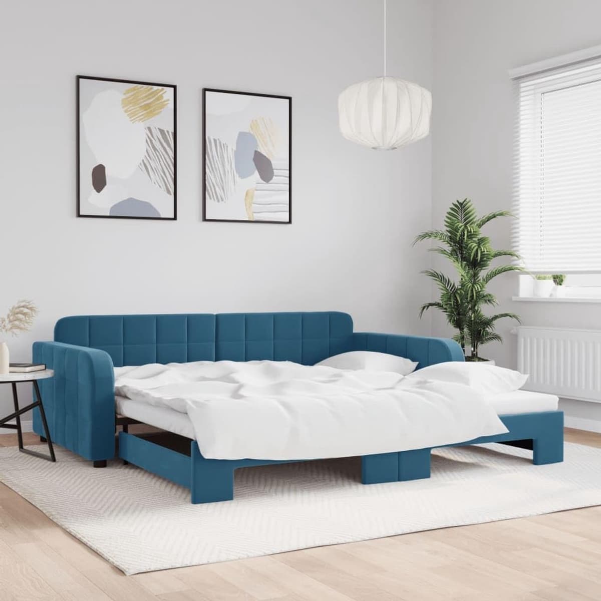 Bedframe, familiebed, tweepersoonsbed, slaapkamermeubel, dagbed, uittrekbaar, blauw, 100x200 cm, fluweel — afbeelding 1