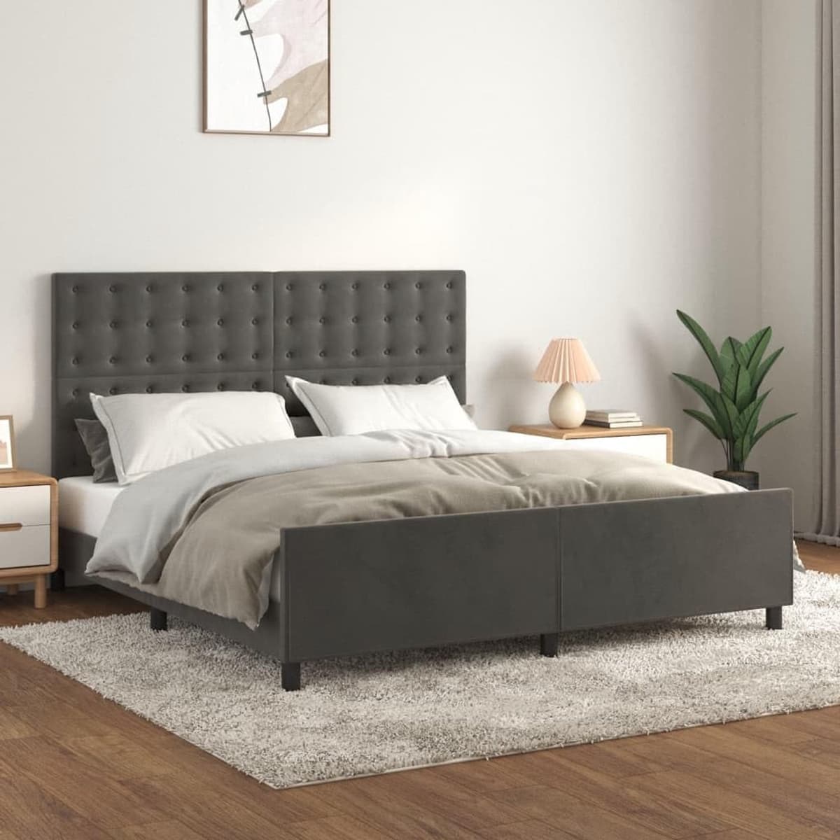 Bedframe met hoofdeinde, donkergrijs, 180 x 200 cm, fluweel, bedframe voor slaapkamer, hotel, logeerkamer, bedframe, familiebed voor slaapkamer, hotel, logeerkamer — afbeelding 1