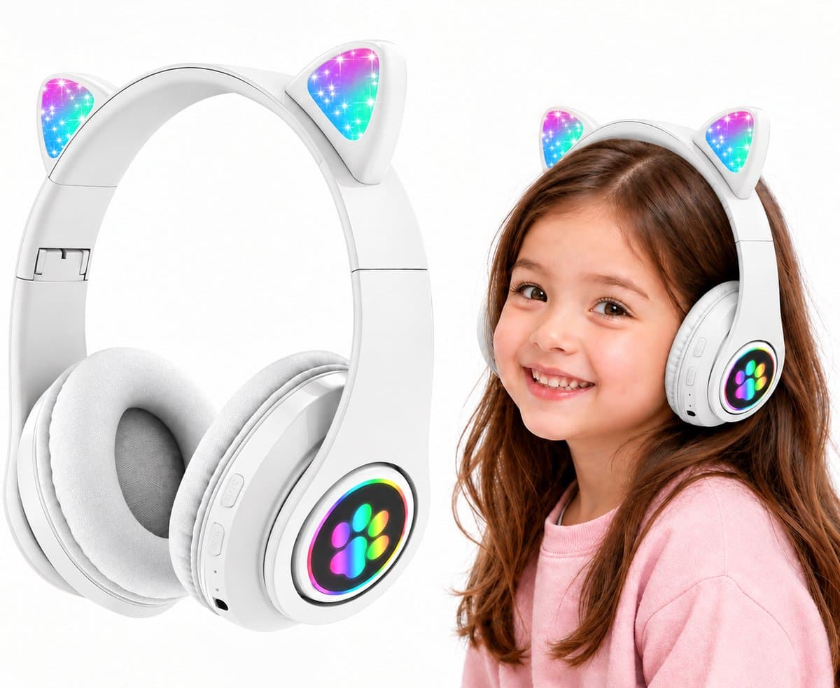 Kinder Koptelefoon Draadloos Bluetooth - Kinder Hoofdtelefoon - Draadloos Opvouwbaar Schattige Koptelefoon - Kids Headset - Over Ear-Bluetooth - Microfoon - Kattenoortjes met LED Verlichting - Wit — afbeelding 1