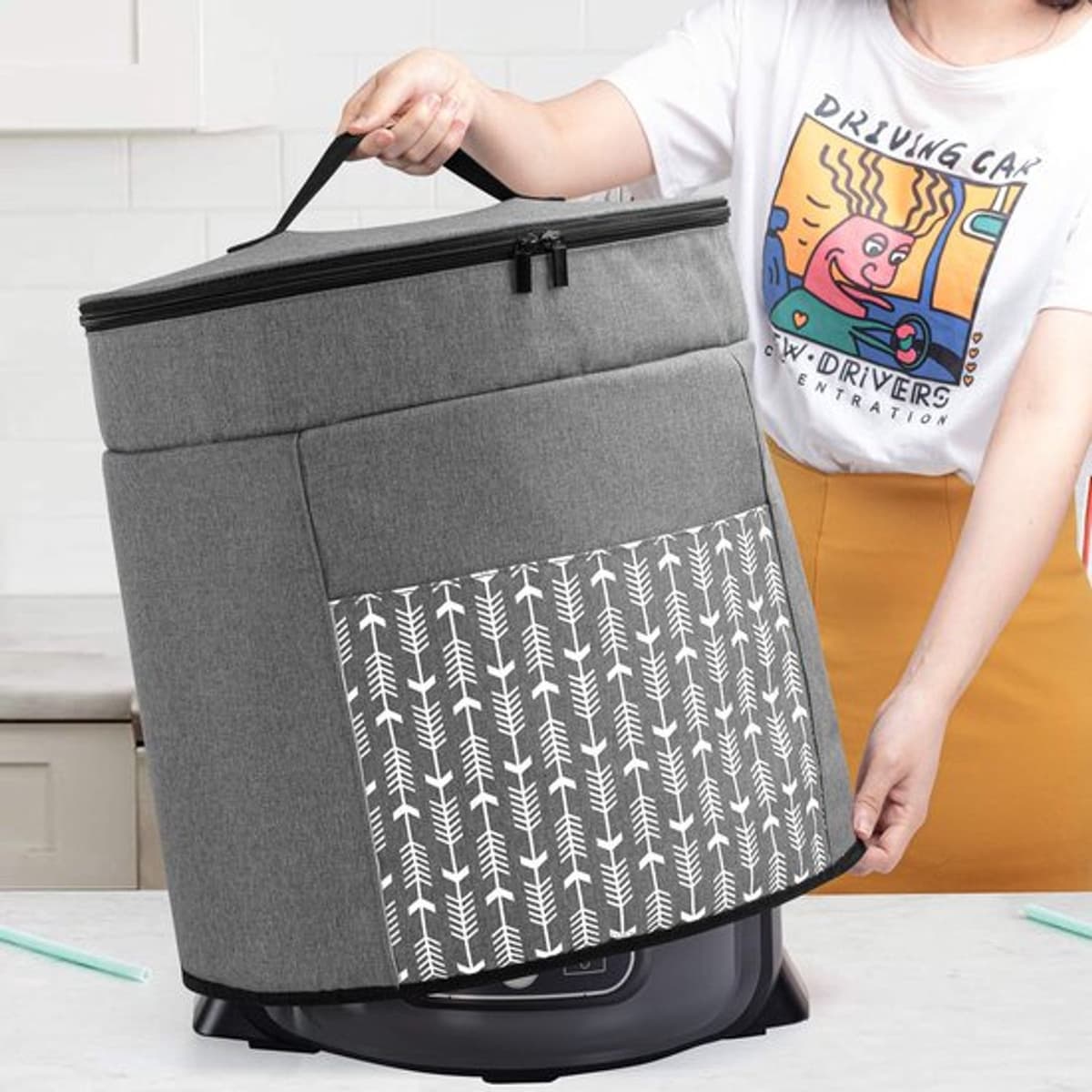 Multi Cooker afdekking voor multicooker, afdekhoes voor elektrische snelkookpan, beschermhoes voor slowcooker, accessoires, grijs met pijlpatroon — afbeelding 1