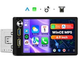 Boscer 1Din Autoradio Universeel - 6,9 Inch HD Touchscreen - Apple Carplay & Android Auto (Draadloos) - Bluetooth, USB, USB-C & MP5 - AHD Achteruitrijcamera, Stuurwieladapter & Externe Microfoon