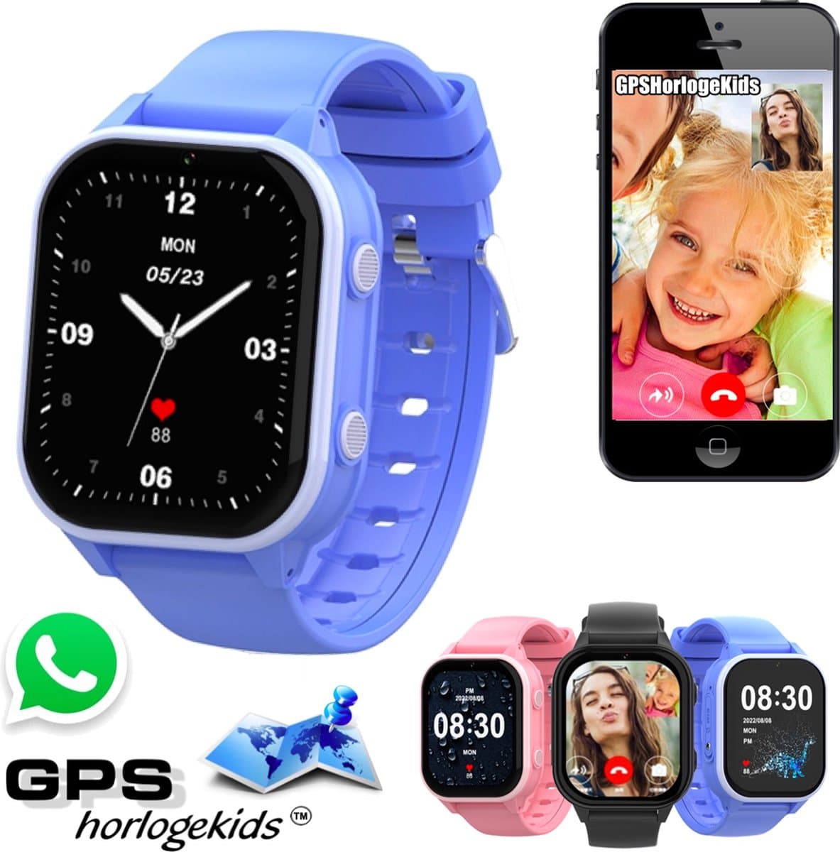 GPSHorlogeKids© - GPS horloge kind - smartwatch kinderen - WhatsApp - 4G videobellen - spatwaterdicht - SOS alarm - SMS - incl. SIM - Edge Blauw — afbeelding 1