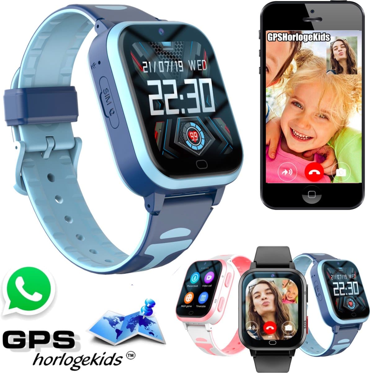 GPSHorlogeKids© - GPS horloge kind - smartwatch kinderen - WhatsApp - 4G videobellen - spatwaterdicht - SOS alarm - SMS - incl. SIM - Yoda Blauw — afbeelding 1