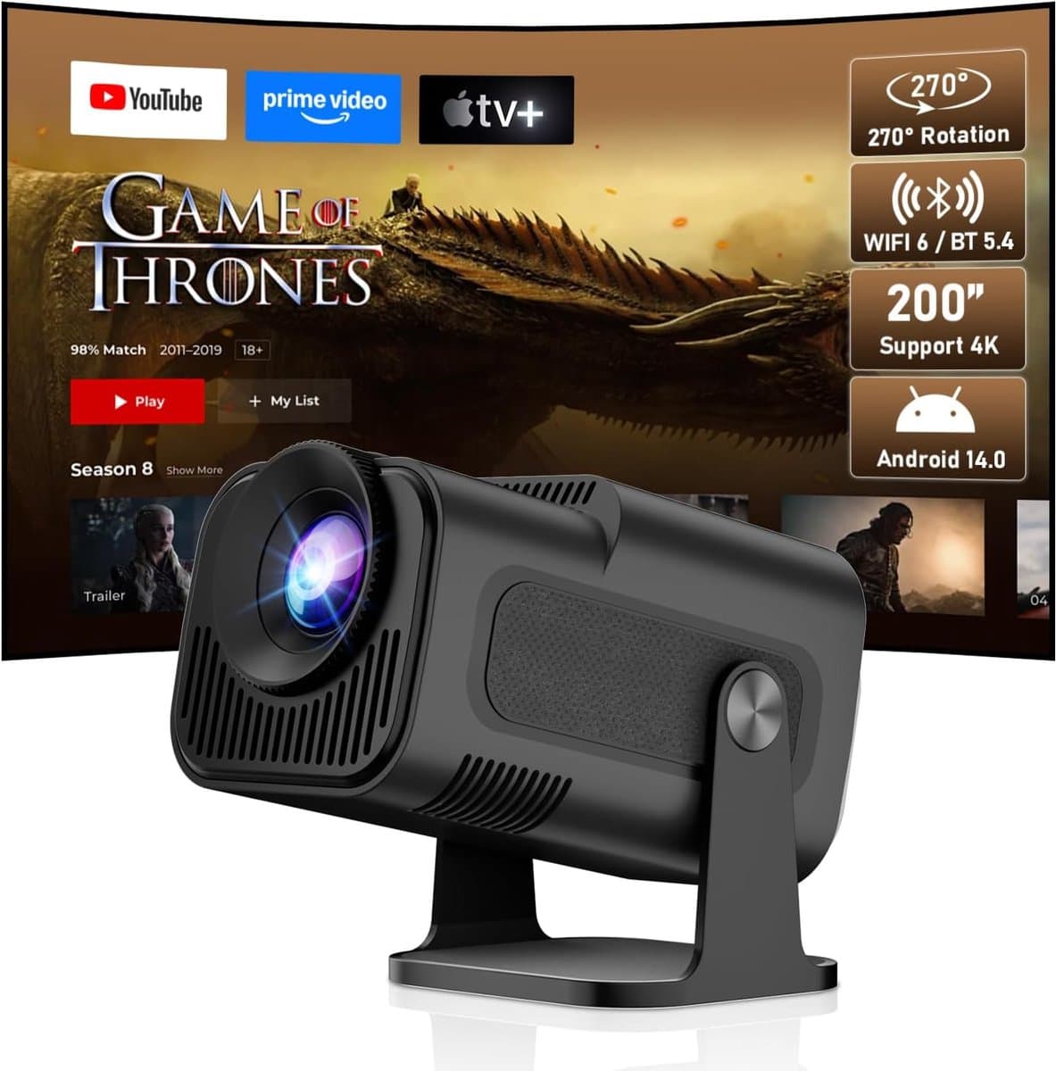 SnelShoppen - Mini Beamer 4K met WiFi 6, Draagbare Smart Projector, Bluetooth 5.4, Android 11.0, 180° Rotatable, Compact Buitenprojector, Geschikt voo — afbeelding 1