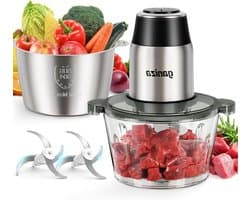 Elektrische hakmolen - Keukenmachine hakker - Ingrediënten bereiden - Twee snelheden dubbele messen - 2x 1.8L kommen - Zwart