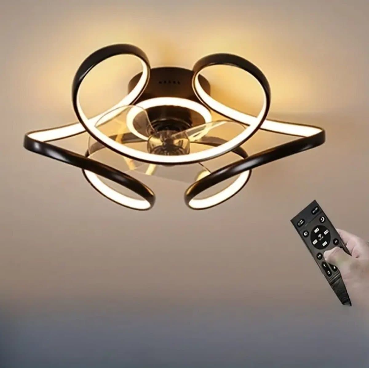 Plafondventilator - Plafondlampen - Plafond met ventilator - Armatuur - Verlichting - Diameter 50 cm - Zwart - Designstuk - Kleur traploop instelbaar -Met afstandsbediening - App - Woonkamer - Slaapkamer - Studeerkamer — afbeelding 1