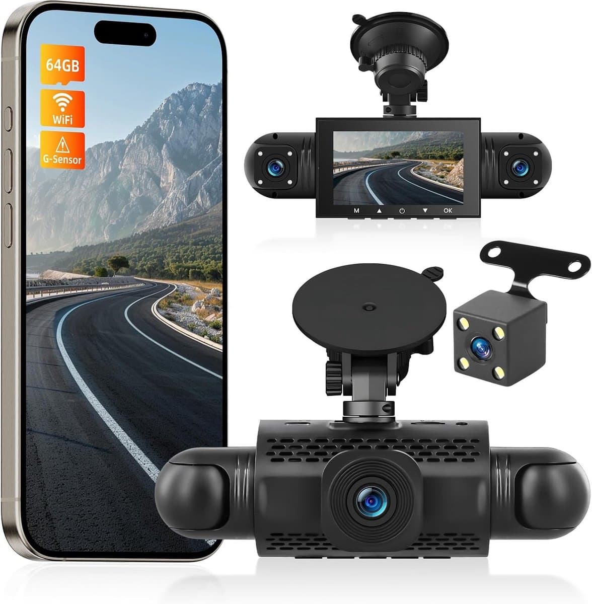 Dashcam voor auto - Zwart - 3 inch - 4 Camera's met 1080p en Nachtzicht - Met Wifi-app en 24-Uurs Parkeerbewaking — afbeelding 1