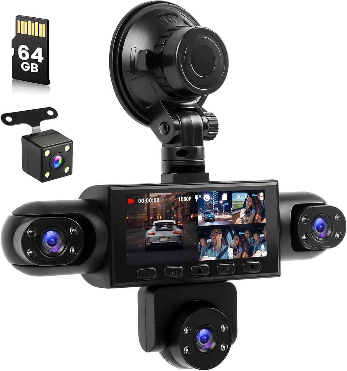 Dashcam voor auto - Zwart - 3,2 inch IPS-scherm - 1080p Full HD met 5 Camera's en Nachtzicht - Voor Veiliger Rijden — afbeelding 1