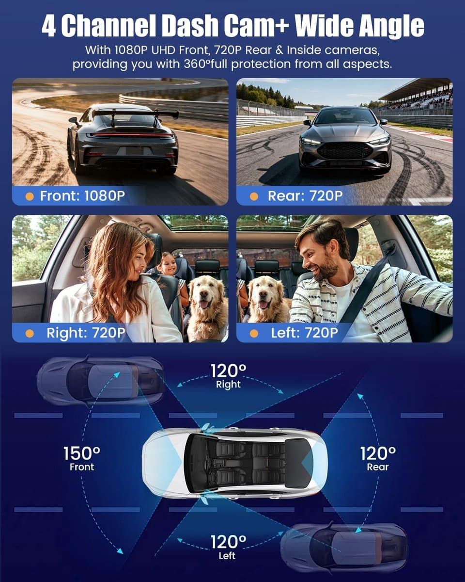 Dashcam voor auto - Zwart - 3 inch IPS-scherm - 360° Full HD met Nachtzicht en Wifi - Voor Personenauto's — afbeelding 1