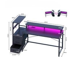 Lunekiss Gaming bureau met LED - hoekbureau en computerbureau met opbergschap, lades, monitorstandaard en 2 stopcontacten