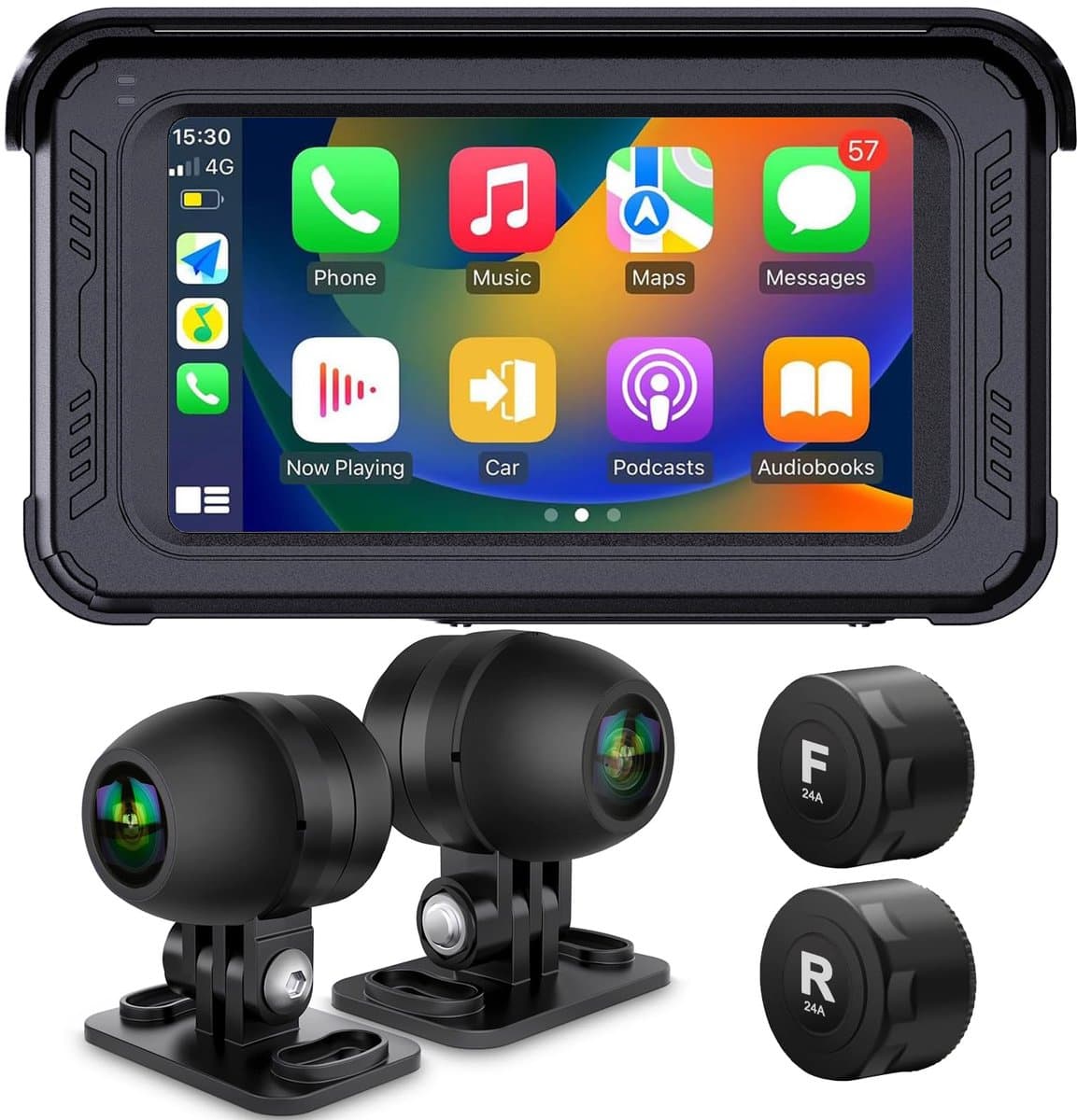 SnelShoppen - Waterdichte motorfiets dashcam met draadloze CarPlay, Android Auto, 5" IPS-aanraakscherm, dubbele camera HD 1080P, TPMS, Bluetooth, Wi-F — afbeelding 1
