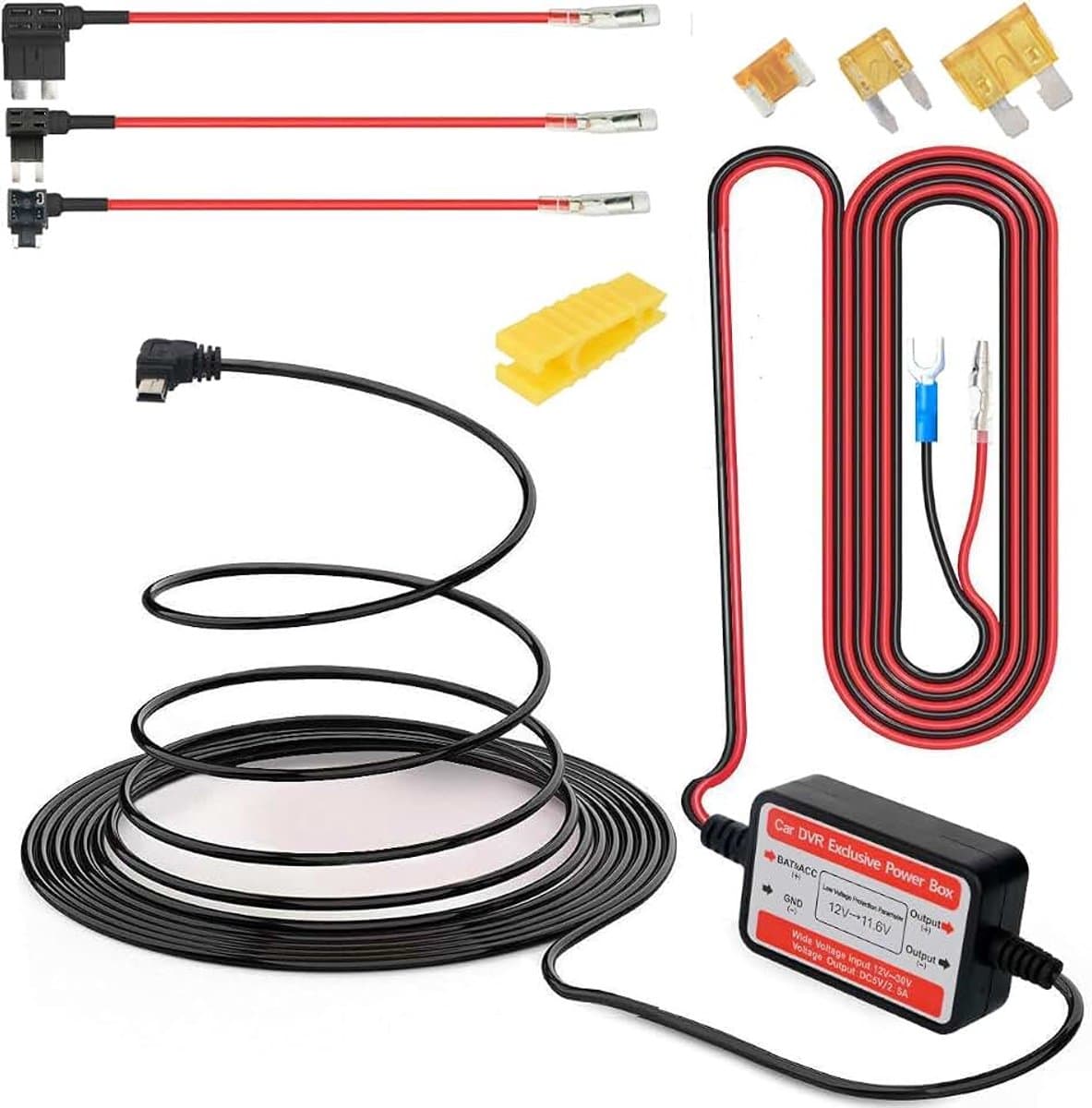 Dash Cam Hardwire Kit Mini USB 10ft 12V-24V tot 5V,Laagspanningsbeveiliging ACN/ACS/ACU Voeg een Circuitzekeringhouders Toe(Rechte Hoekl Mini USB en Zekeringsset) — afbeelding 1