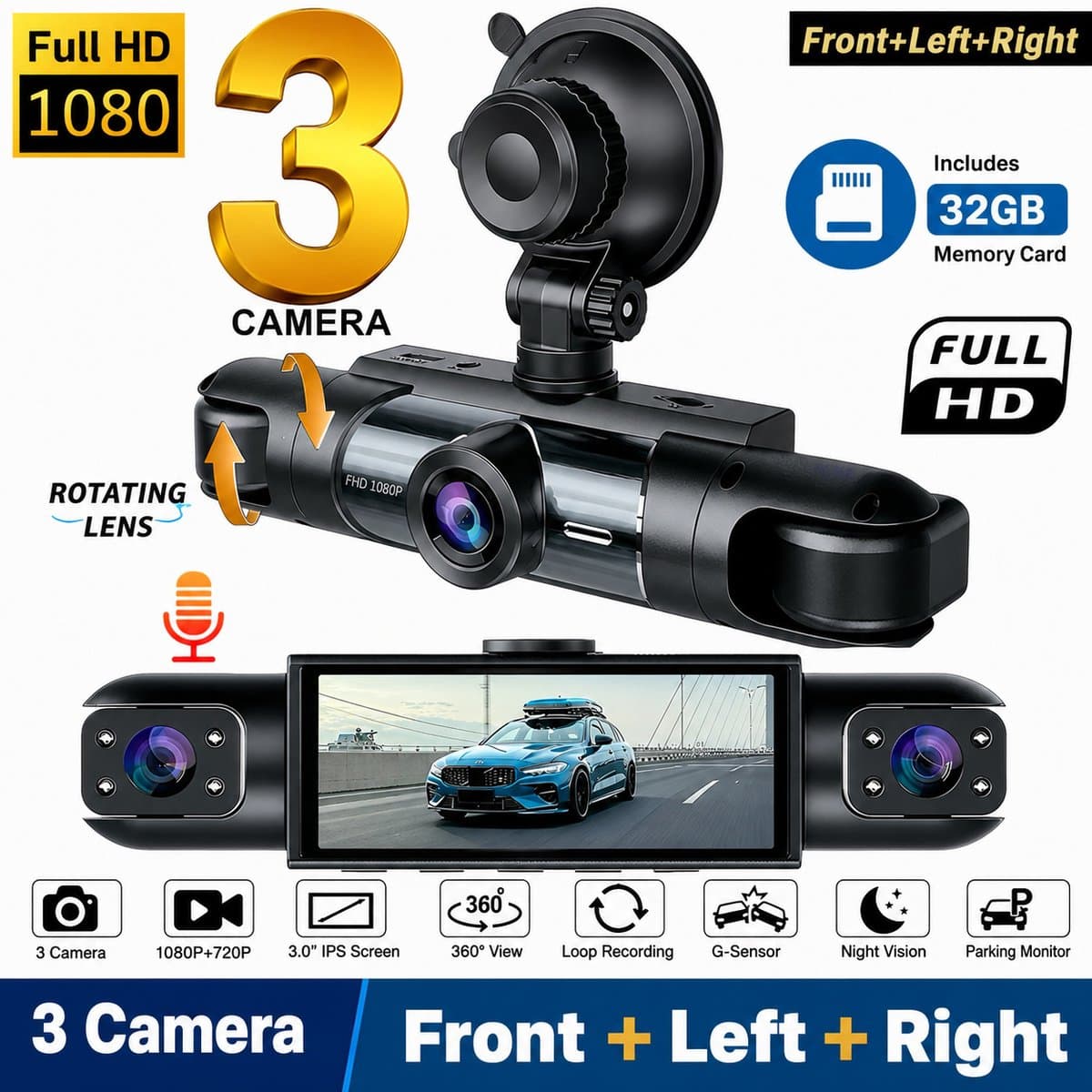 3-Camera Dashcam – 1080P Full HD Voorcamera & 720P Zijcamera's – 360° Opname met Nachtzicht en 3 Inch IPS-scherm – Inclusief 32GB memory kaart — afbeelding 1