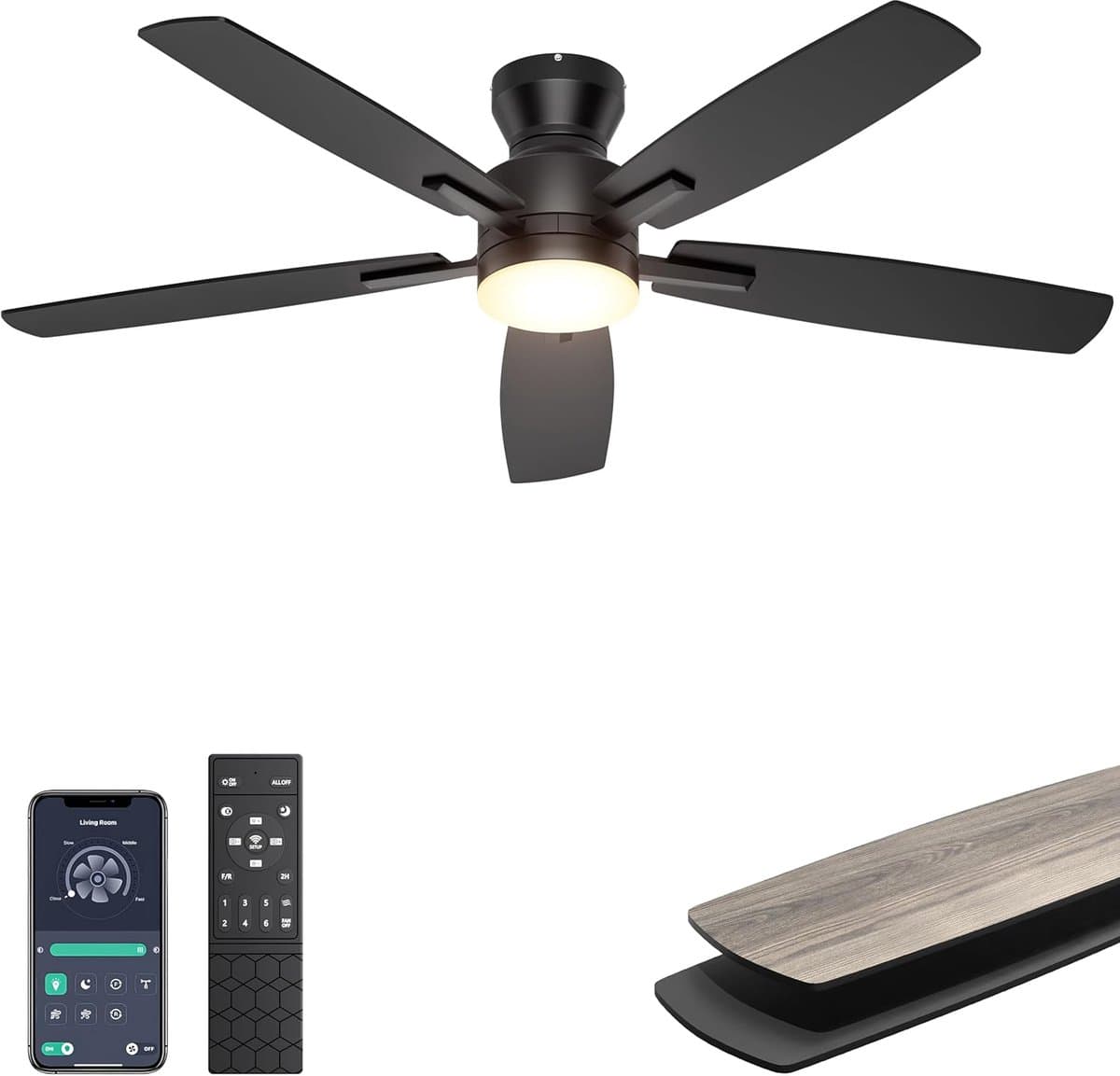 Plafondventilator met verlichting - 132 cm - laag profiel - afstandsbediening/app - dimbaar licht - stille plafondventilator - inbouwmontage - modern - voor slaapkamer - woonkamer, zwart — afbeelding 1