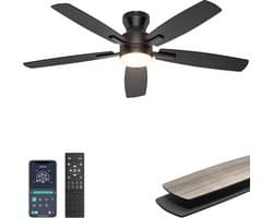 Plafondventilator met verlichting - 132 cm - laag profiel - afstandsbediening/app - dimbaar licht - stille plafondventilator - inbouwmontage - modern - voor slaapkamer - woonkamer, zwart