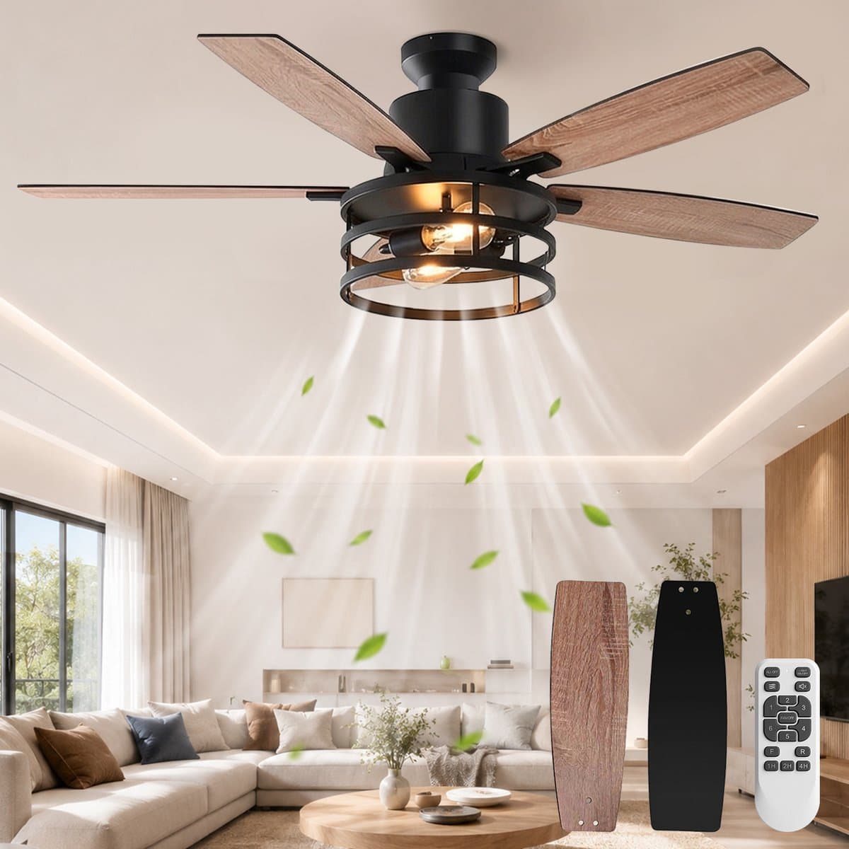 Lapamax Plafondventilator met Verlichting - 5 Omkeerbare Houten Bladen - 6 Snelheden - Afstandsbediening en Timer - Zwart - Ø 132 cm — afbeelding 1