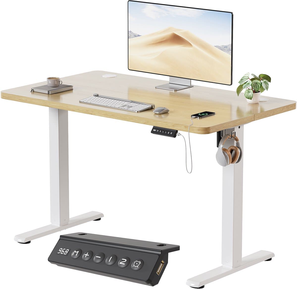 Devoko Elektrisch Verstelbaar Zit-Sta Bureau 100x60 cm Breed – Hoogte 73–118 cm – 2 Geheugenstanden, Zit-Herinnering, LED-Display en USB – Draagvermogen 70 kg – Beige — afbeelding 1
