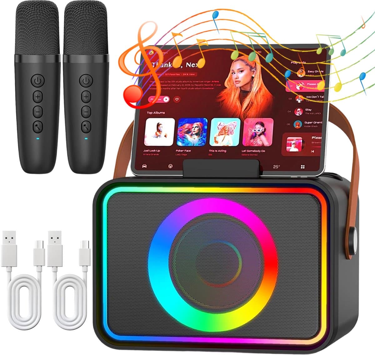 Zwarte Karaoke Set - Draagbare Bluetooth Karaoke Speaker - 2 Draadloze Microfoons - 10W 360° Stereogeluid - 5 Stemeffecten - Meerkleurige Verlichting - Voor Thuis, Feestjes, BBQ en Kamperen — afbeelding 1