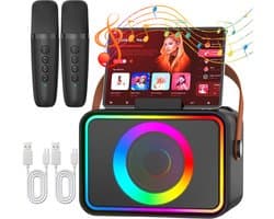 Zwarte Karaoke Set - Draagbare Bluetooth Karaoke Speaker - 2 Draadloze Microfoons - 10W 360° Stereogeluid - 5 Stemeffecten - Meerkleurige Verlichting - Voor Thuis, Feestjes, BBQ en Kamperen