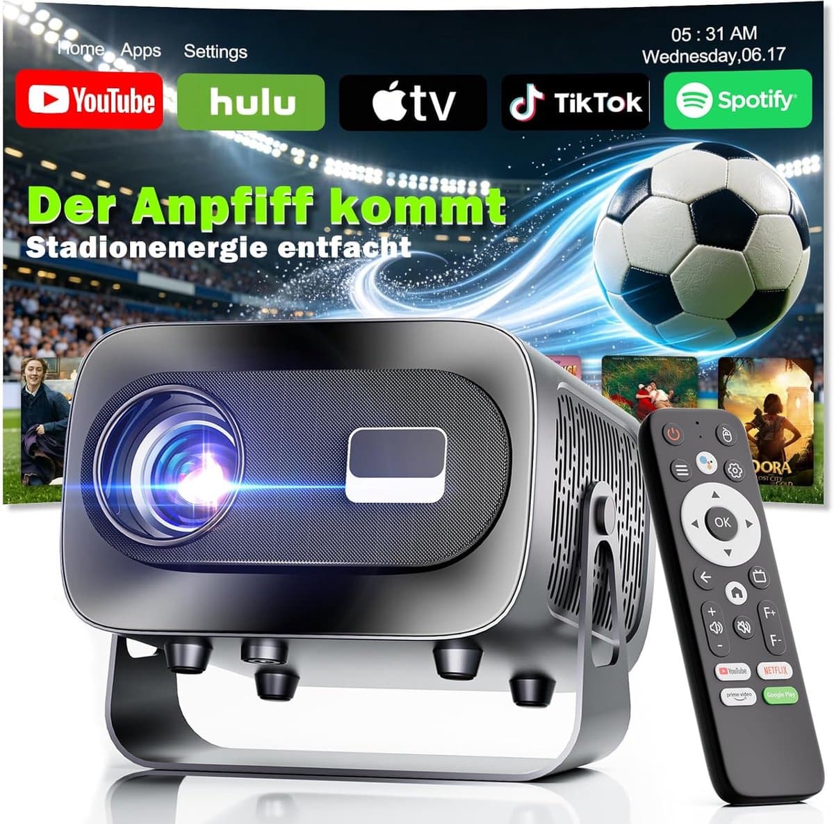 SnelShoppen - Mini-Beamer 4K Smart Beamer met Full HD 1080p, 1000 Lumen, Autofocus, Trapeziumcorrectie, 360° Rotatie, Wifi en Bluetooth, Draagbaar voo — afbeelding 1