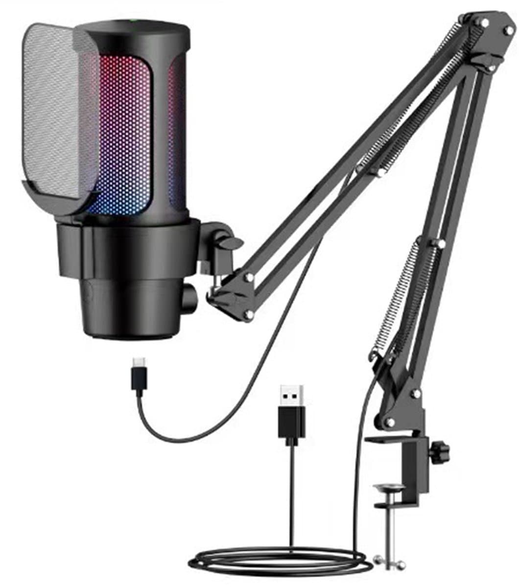Microfoon voor PC, gamen en livestreaming‑ Microfoon met Arm‑ RGB Verlichting‑ Noise‑cancelling condensatormicrofoon met Mute, Gain en Monitoring — afbeelding 1