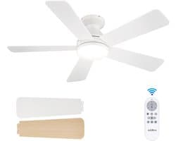 Plafondventilator 5 blad Ø132cm wit - stille ventilator – top kwaliteit - energie zuinig -met remote - ventilator voor laag plafond - 6 snelheden – beste alternatief voor airco - zomer en winter stand – witte ventilator