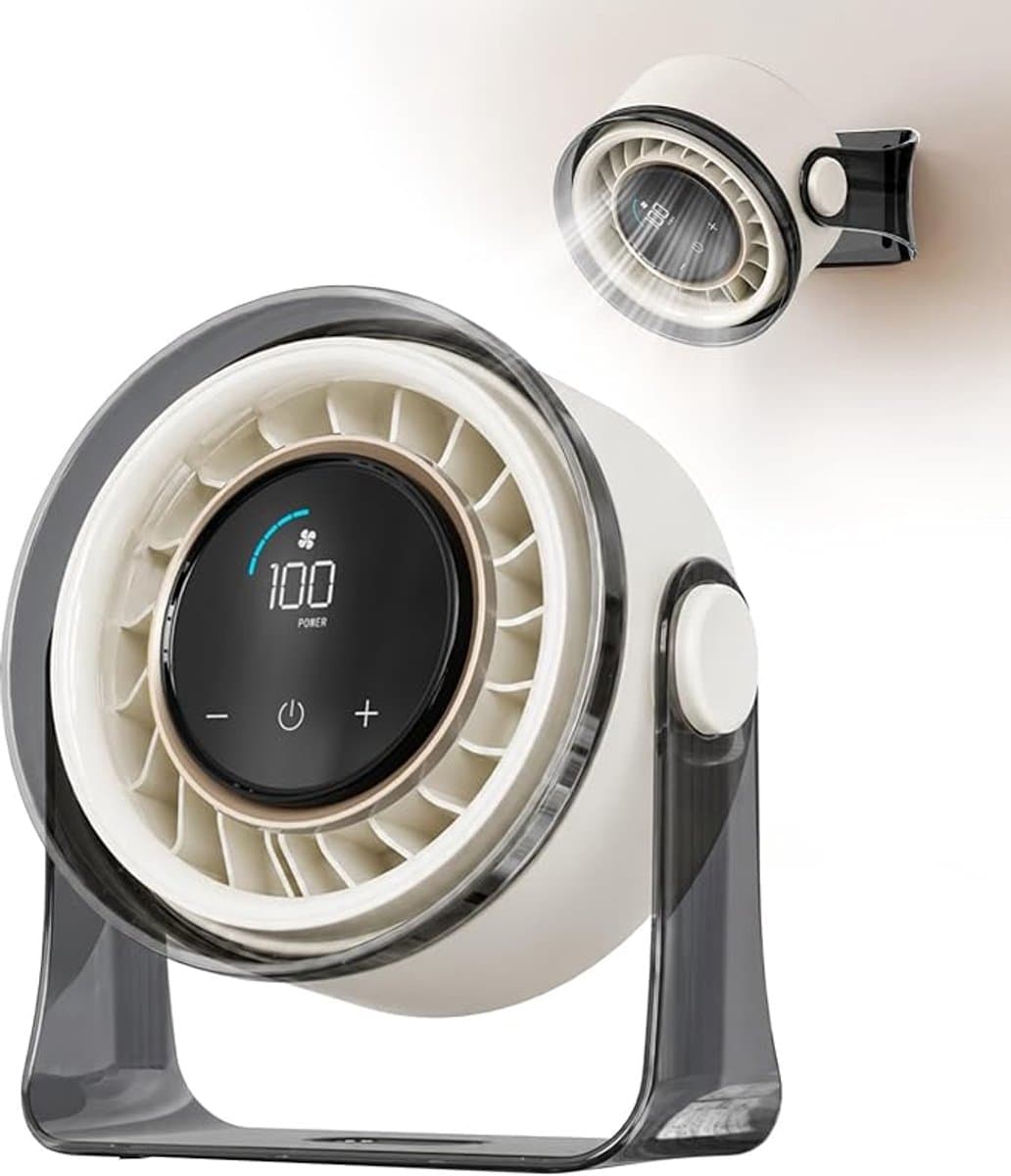 MERTTURM Oplaadbare USB Bureauventilator, Kleine Draagbare Stille Tafelventilator met 100 Snelheden, 360° Rotatie, Wandmontage, LED-display voor Slaapkamer, Thuis, Kantoor, Reizen (Wit) — afbeelding 1