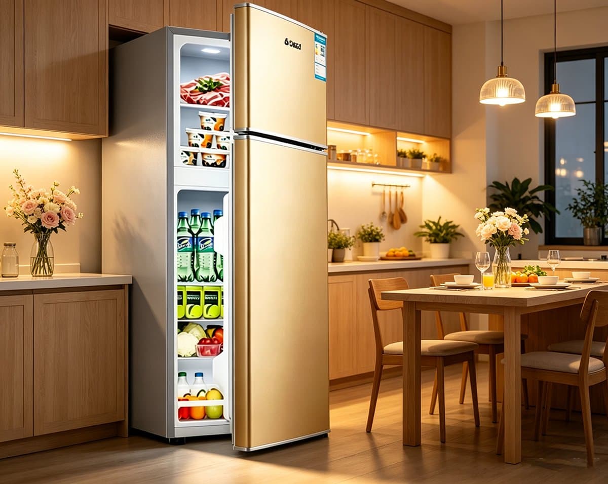 Koelkast met dubbele deur en vriesvak 88 liter inhoud ruimtebesparend ontwerp geschikt voor slaapkamers woonkamers keukens kantoren en studentenkamers Afmetingen 107*43*39 cm goud — afbeelding 1