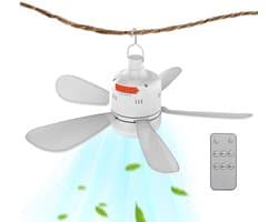 LISM-Deze plafondventilator is geschikt voor kamperen en tuinhuisjes. Hij wordt geleverd met een afstandsbediening, een duurzame accu en een USB-oplaadfunctie, en de windsnelheid is instelbaar.