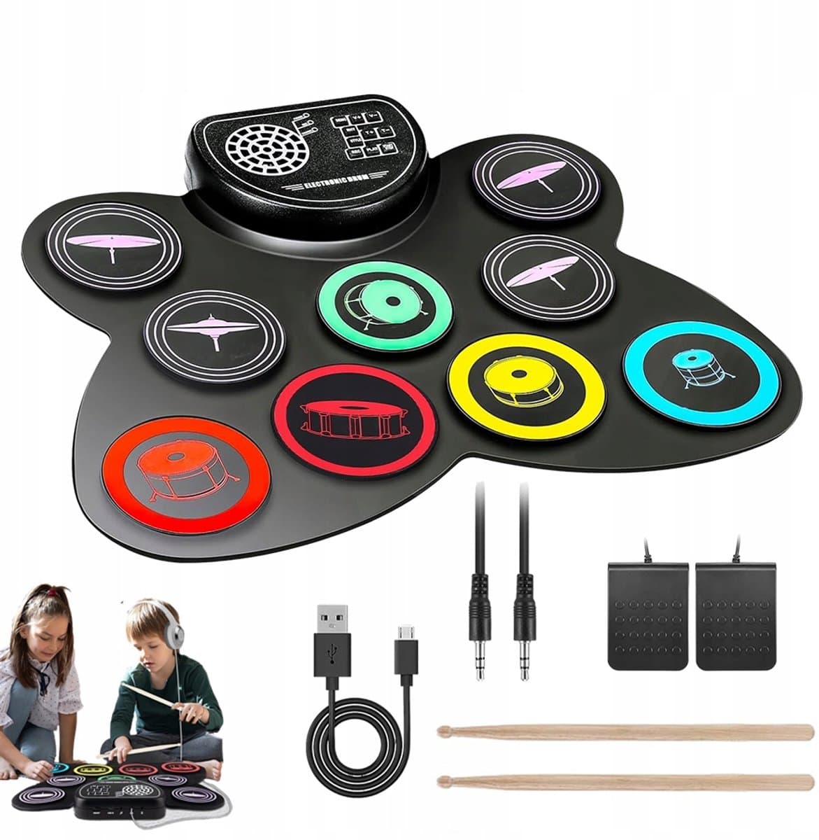 Elektrisch Drumstel - Digitaal Drumstel - Muziek Speelgoed - Kinder Drumstel - met 9 Drumpads - Inclusief Drumsticks & Voetpedalen & Speaker - Oplaadbaar - 3,5mm - Voor Kinderen en Volwassenen - Beginners — afbeelding 1