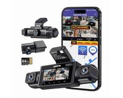 AZDome M350 4CH 360 graden dashcam voor auto - Twee interieur camera's en achtercamera - 2K + 3x Full HD resolutie - Wifi en GPS - Night vision - Parkeerbeveiliging - 64gb Micro SD kaart - 3,0 inch LCD scherm - 170 + 170 + 150 + 150 graden kijkhoek