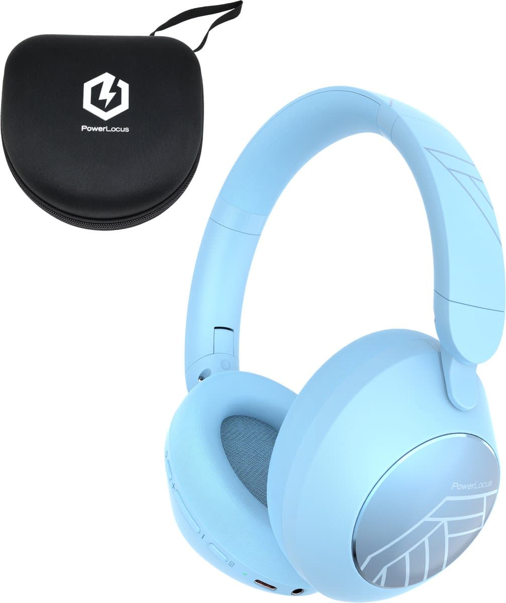 PowerLocus Orion - Koptelefoon Draadloos – Koptelefoon Bluetooth - met ENC Microfoon – 70 Uur batterijduur - Memory Foam Oorkussens - Wireless & met Aux kabel Mode – incl. Premium Case - Light Blue — afbeelding 1