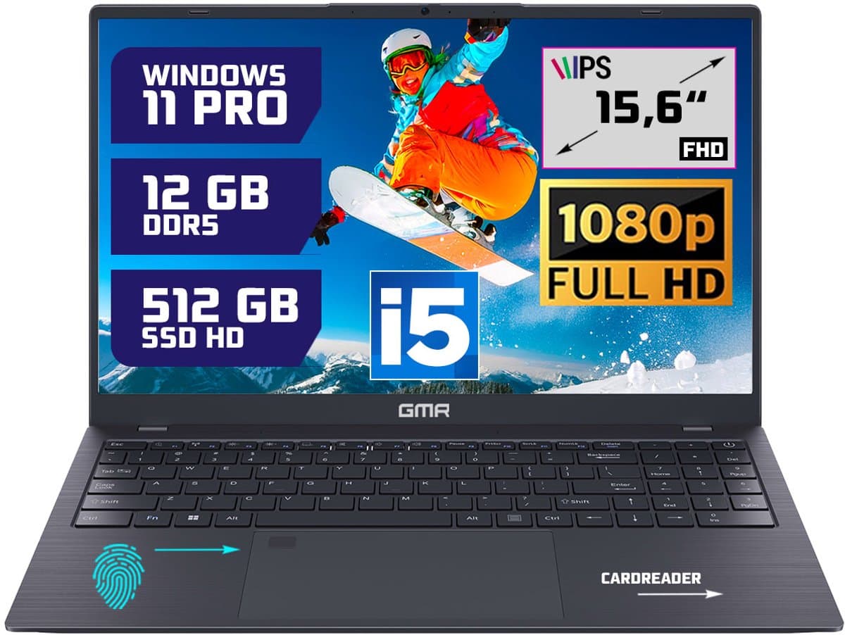 GMR - 15.6 Inch Full HD Laptop - Intel Core i5 - 12GB DDR5 RAM - 512GB SSD - Windows 11 Pro voor Thuis, Office en Studie notebook — afbeelding 1