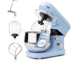 Roterende Deegmachine – Multifunctionele Deegmixer – Kneedmachine – Inclusief Spatdeksel & Navulopening – 1100W – RVS – Blauw