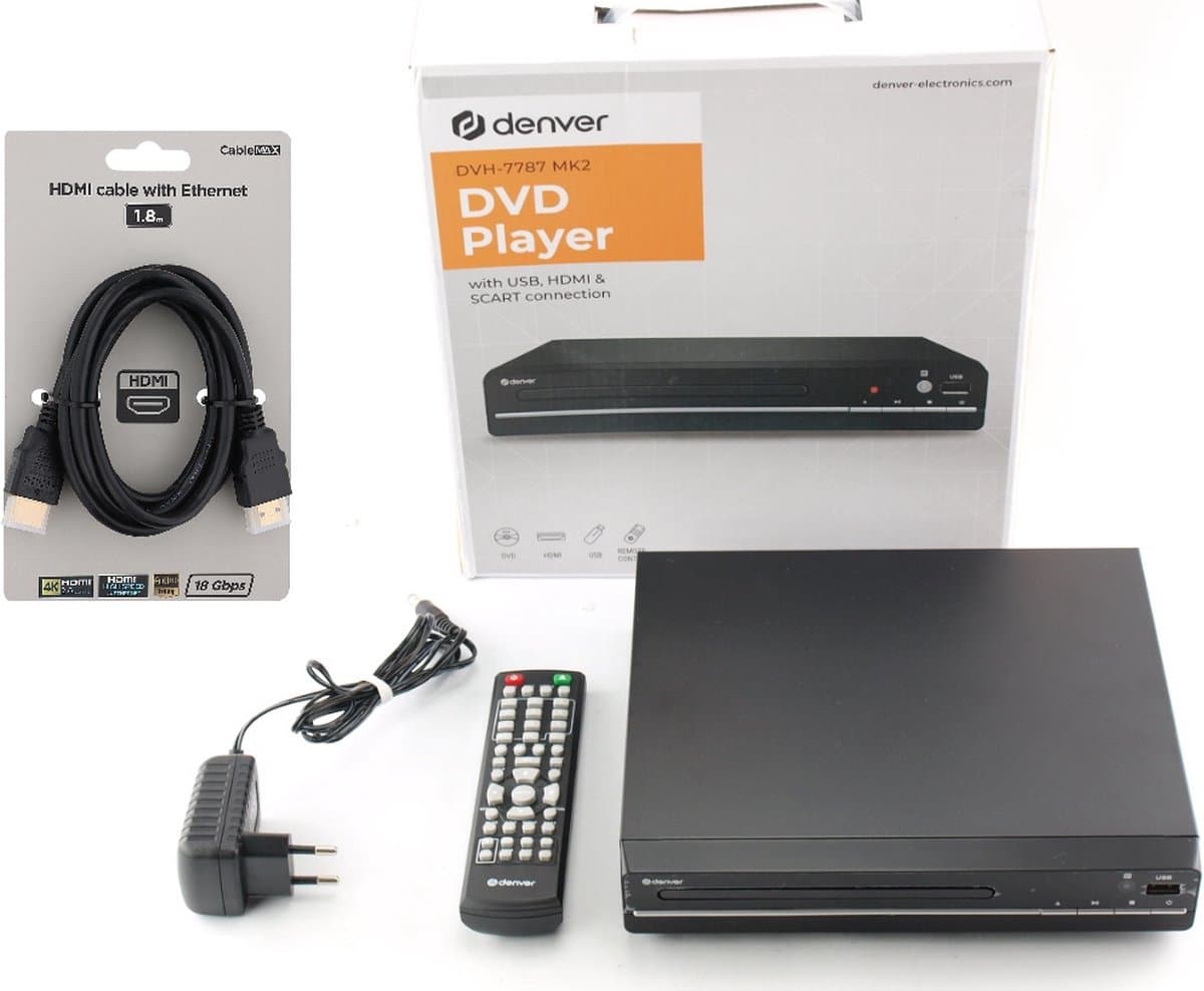 Denver - DVD Speler met HDMI aansluiting - HDMI Kabel meegeleverd - FULL HD - CD Speler - Coax / Scart / USB - Zwart — afbeelding 1
