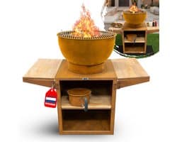 HEAT Outdoor Living Barbecue Buitenkeuken – Roestkleur – Vuurschaal Ø56 cm – Grillrooster & Plancha – Opbergvakken en Zijplankjes