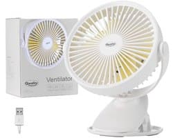 Ventilator met Clip - USB - 360° Draaibaar - Tafelventilator - Eenvoudige bevestiging - 2600 mAh Accu Batterij - Extra Stil - Wit - Qwality®
