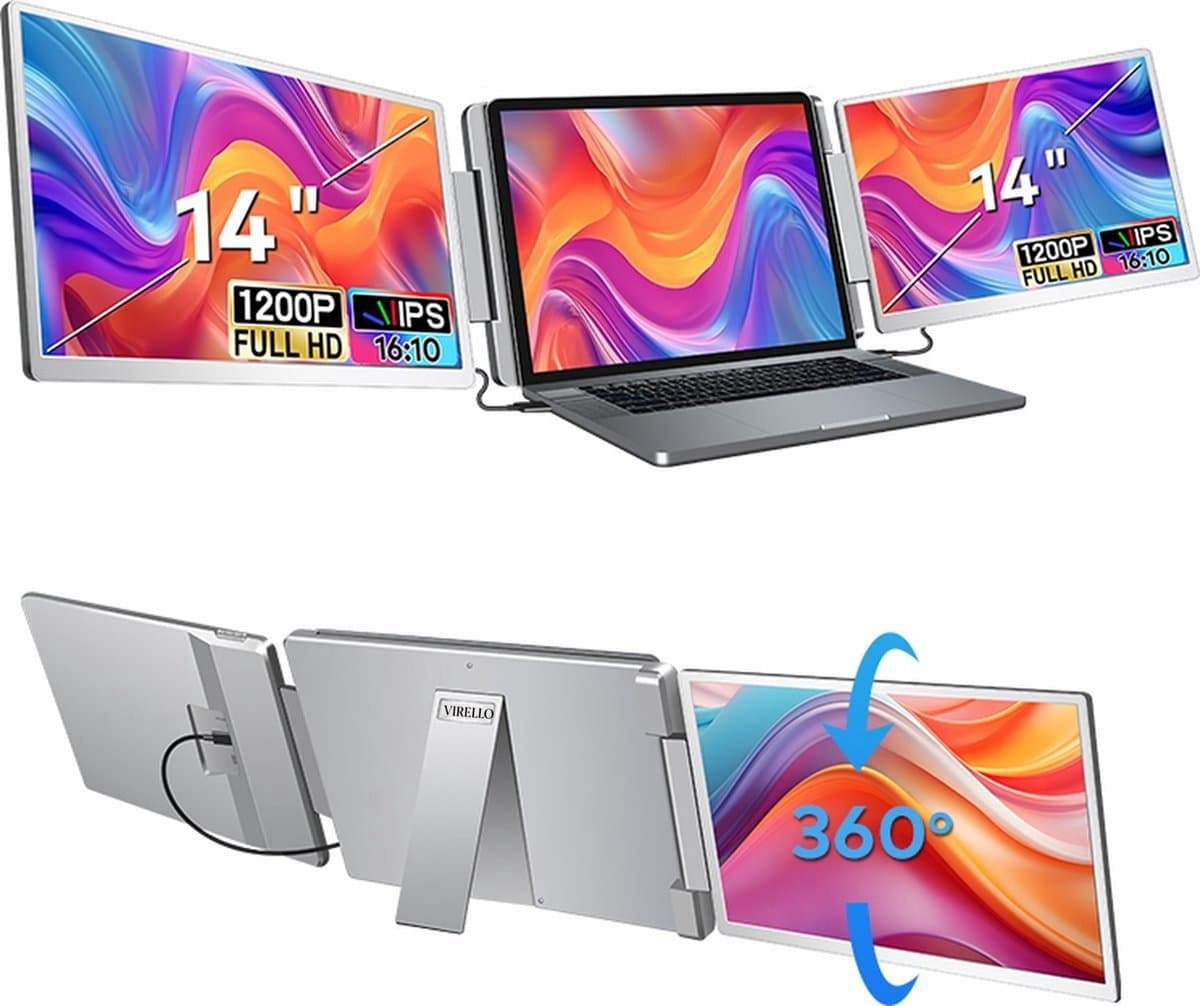 Virello® Draagbare Flip Monitor 14" Full HD - USB-C & HDMI - Inclusief Beschermhoes - Voor Laptop, MacBook, PS5, Nintendo Switch - Grijs - 2 jaar garantie — afbeelding 1