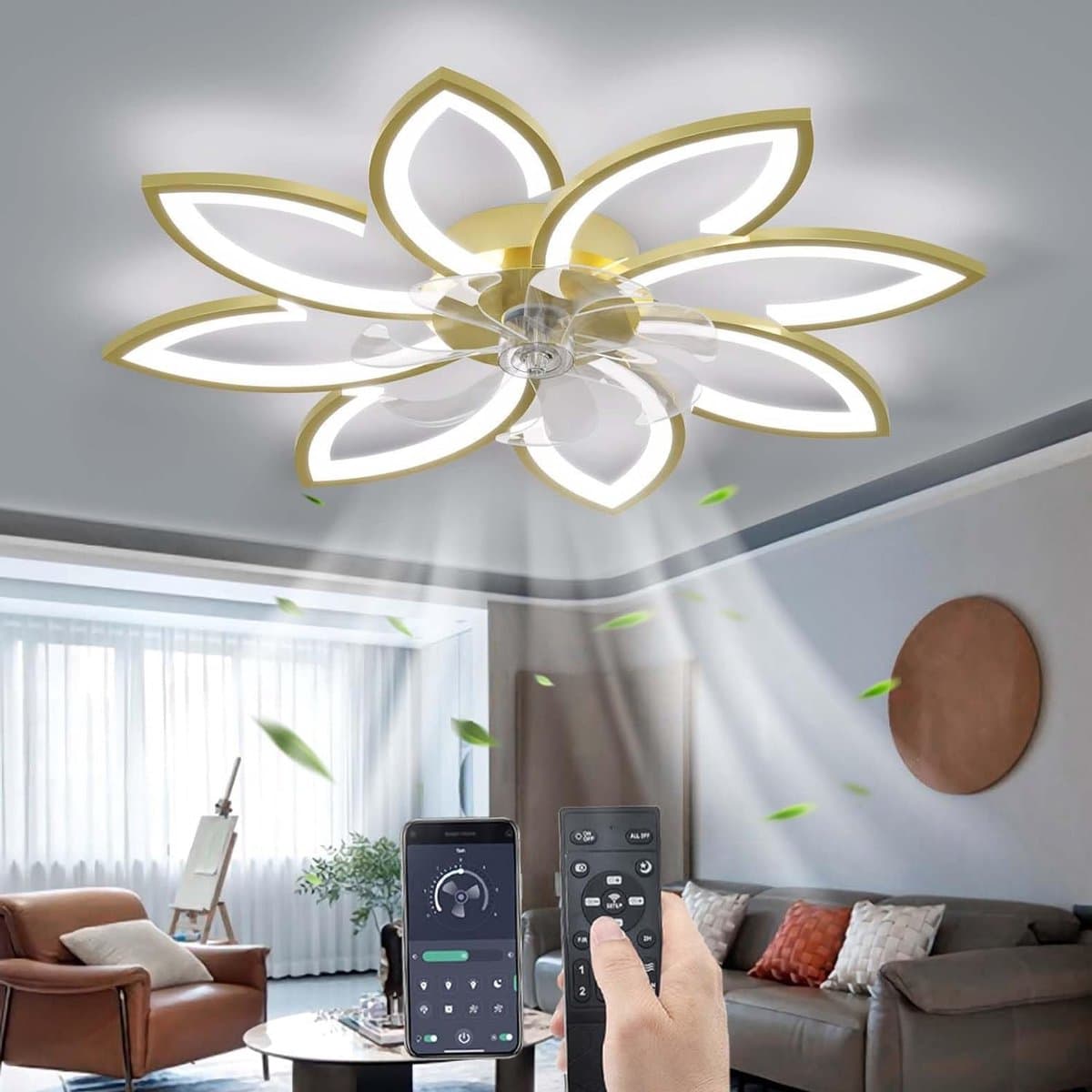 8 Sterren Plafondlamp Met Ventilator - Goud - Met Afstandsbediening - Smart lamp - Dimbaar Met App - 6 Standen Ventilator - Woonkamerlamp - Moderne lamp - Plafoniere — afbeelding 1