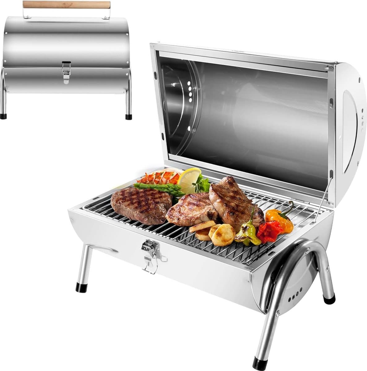 Roestvrijstalen klapgrill met dubbel grilloppervlak - 34 x 215 cm - voor outdoor koken en picknick — afbeelding 1