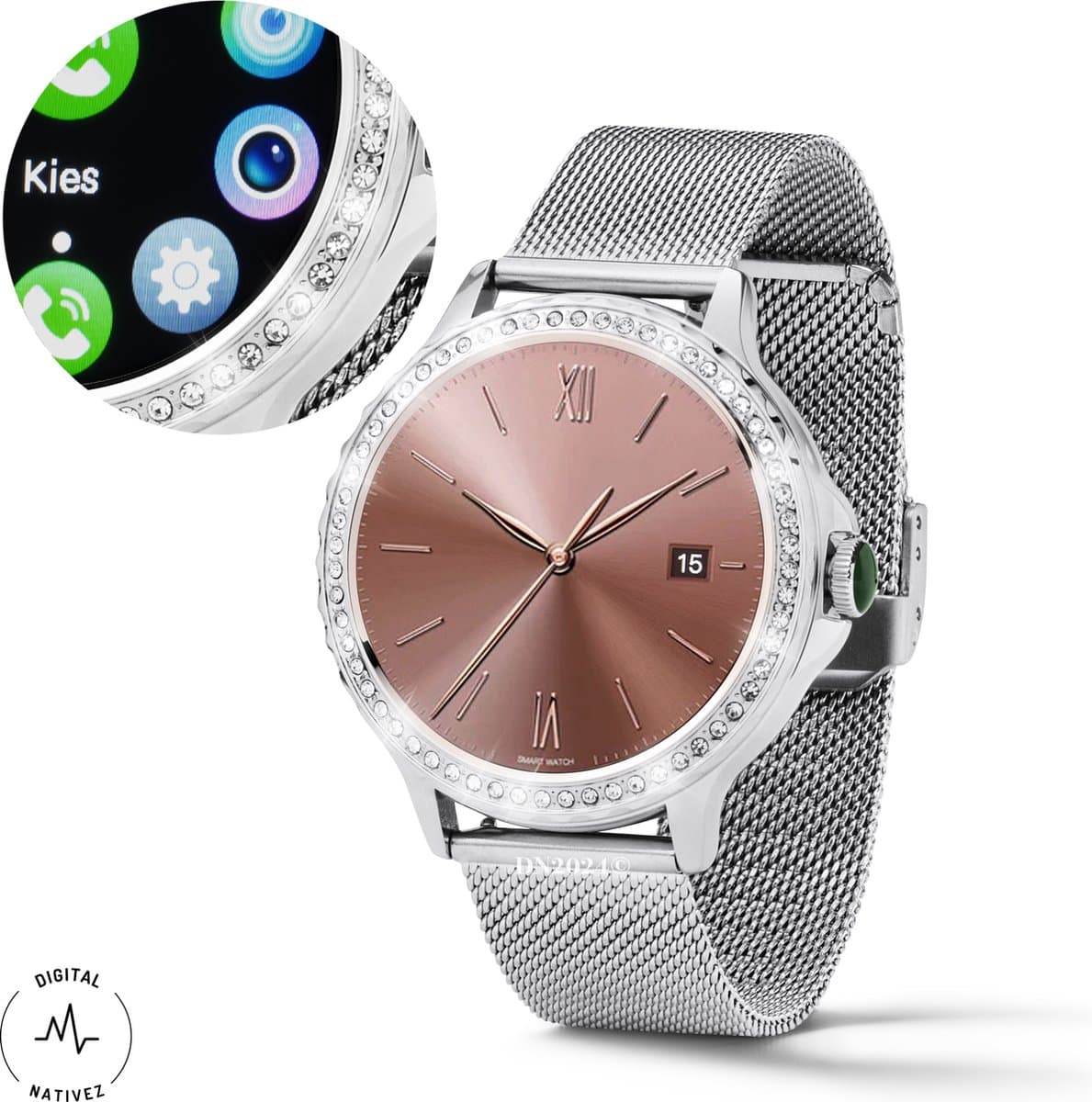 Digital Nativez dames smartwatch horloge zilverkleurig met echte zirkonia’s | incl. extra, makkelijk verstelbare, horlogeband | geschikt voor Iphone en Android | met o.a. NL menu| incl. luxe giftbox – kado — afbeelding 1