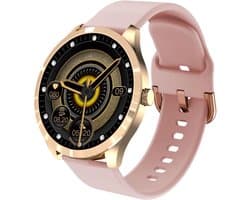 Belesy® BQSiRgPk 2022 - Smartwatch Dames – Smartwatch Heren - Horloge - 1.28 inch - Kleurenscherm - Stappenteller - Bloeddruk - Hartslag - 75+ Wijzerplaten – Sporten – Goud – Siliconen - Roze - Moederdag