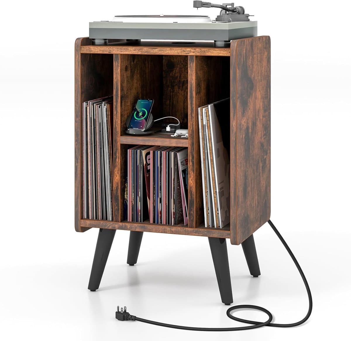 COSTWAY Draaitafel standaard met laadstation, vinylplaten, draaitafel tafel met 4 open planken, vinylplaatstandaard vintage, bijzettafel voor woonkamer kantoor, 43 x 34,5 x 67,5 cm (vintage) — afbeelding 1