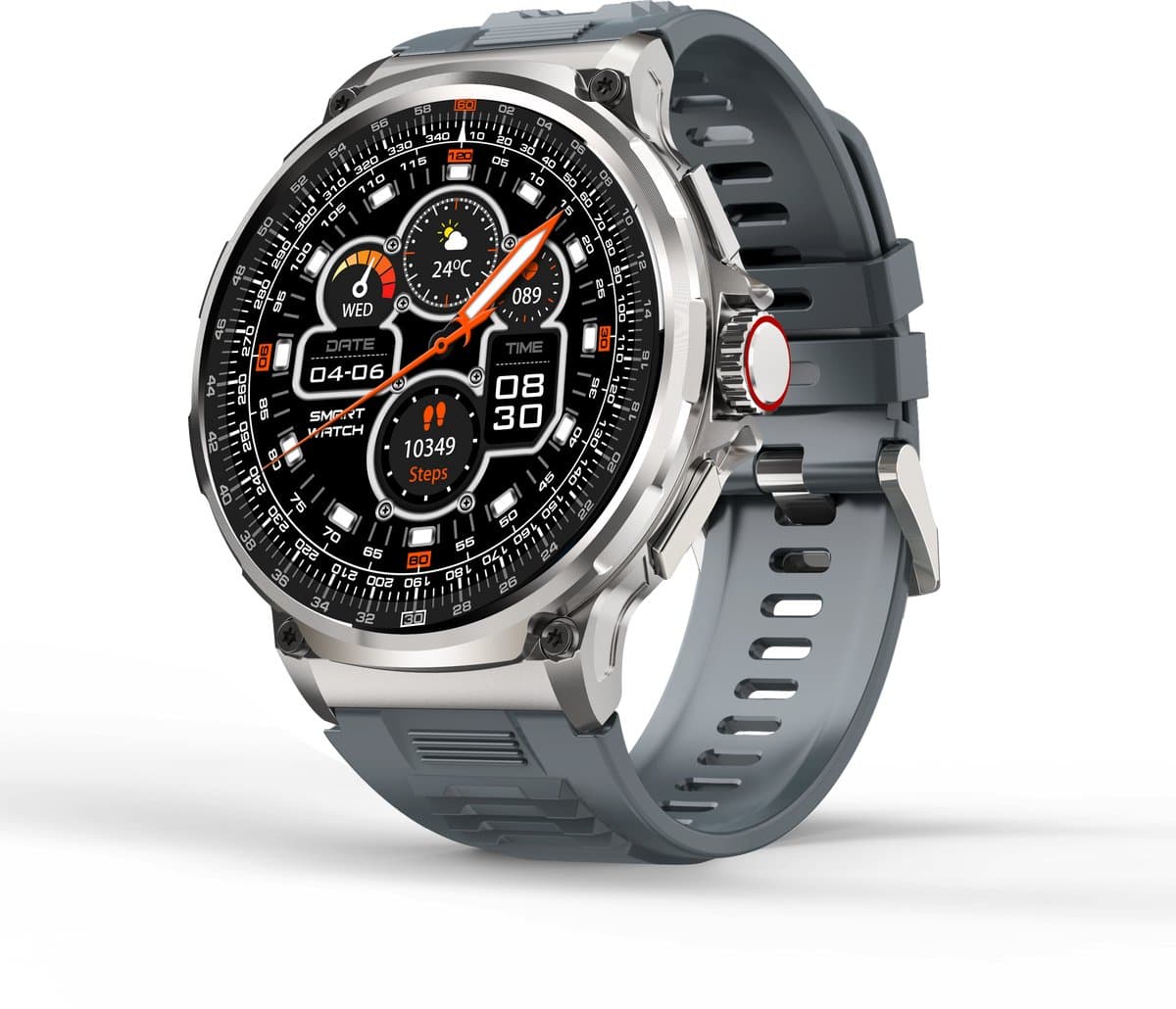 Knobbout 1.85” Scherm HD Sport Smartwatch – 710mAh Extra Grote Batterij – Bluetooth Bellen – RVS Bezel – Hartslagmeting/Bloeddrukmeting/Slaapmonitoring/Calorieverbruik – Android & iOS – Blauw Grijs Siliconen Band — afbeelding 1