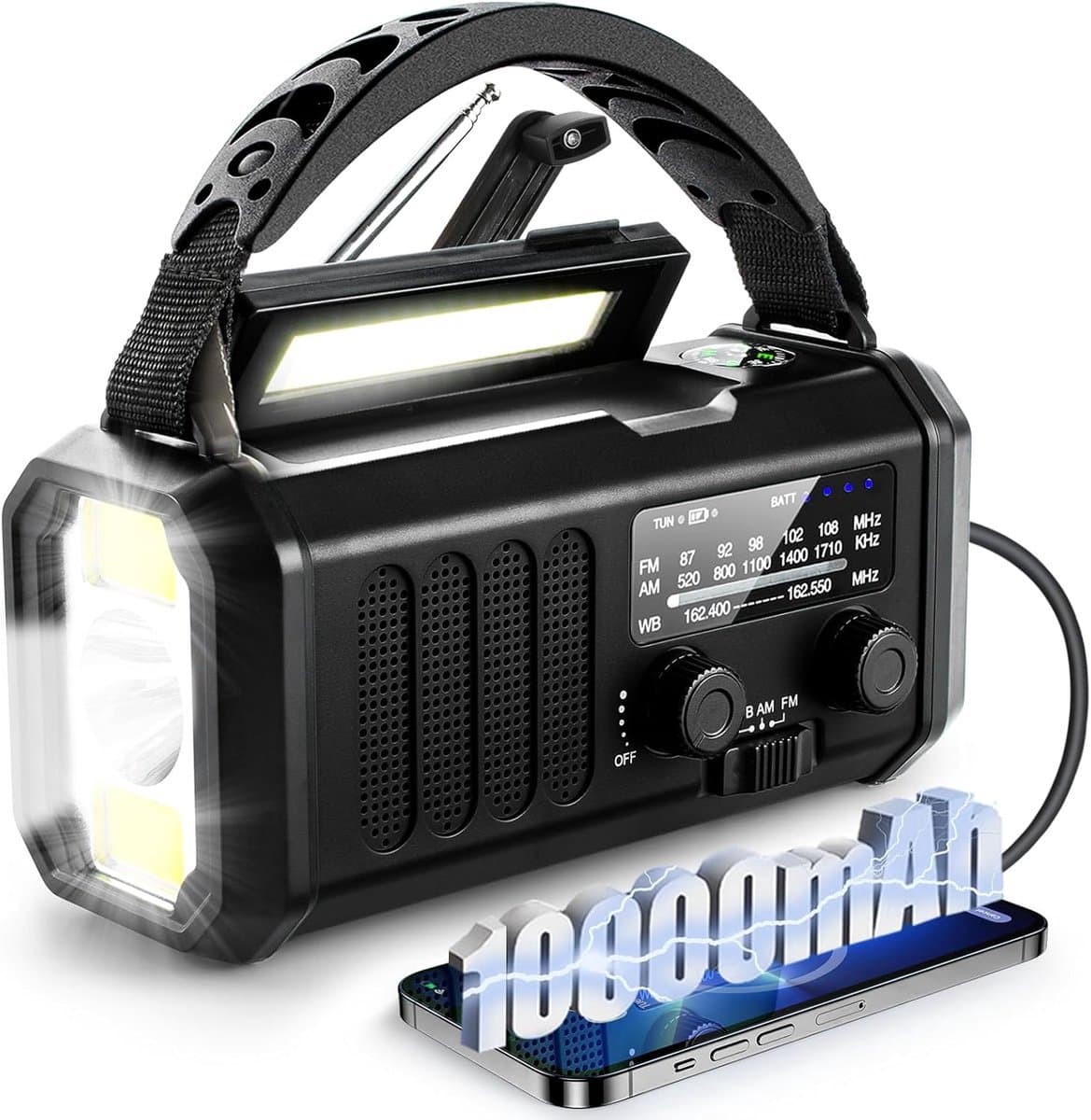 Noodradio - Solar Opwindbaar - 10.000mAh - Solar powerbank - Zonneenergie - Survival Noodpakket - Zaklamp Oplaadbaar - Noodpakket - Noodrantsoen - Zwart — afbeelding 1