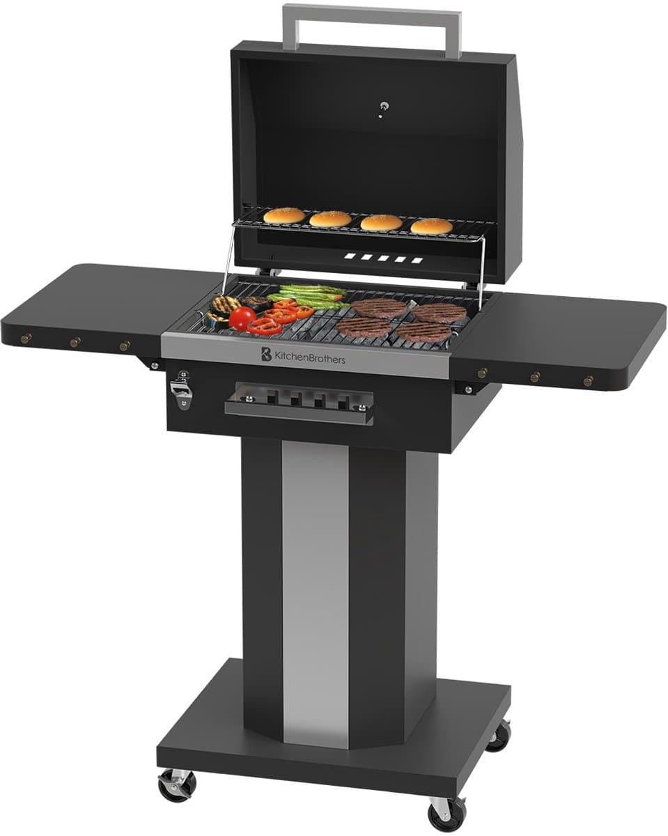 KitchenBrothers Houtskool BBQ – Barbecue Staande Grill - met Wielen – PFAS Vrij - RVS Grillrooster - Houtskool Barbecue met Deksel - Vaderdag Cadeau - Zwart — afbeelding 1
