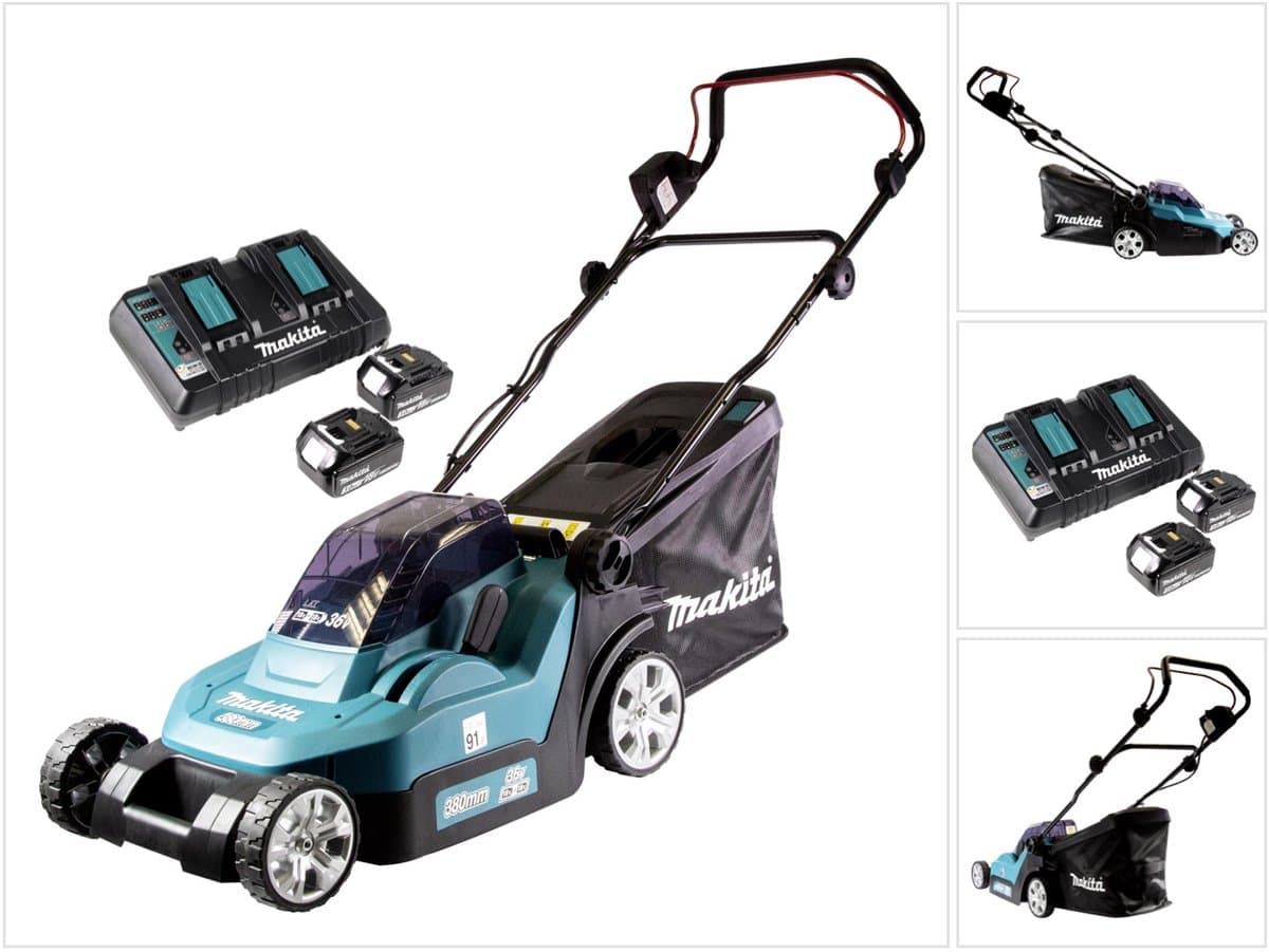 Makita DLM 382 PF2 accu grasmaaier 36 V ( 2x 18 V ) 38 cm 40 l + 2x accu 3.0 Ah + dubbele lader — afbeelding 1