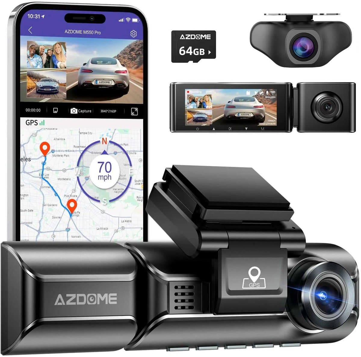 AZDome M770 Pro 3CH 4K Wifi Gps dashcam voor auto met interieur camera - 4K + 2x Full HD resolutie - Night vision - Parkeerbeveiliging - 64gb Micro SD kaart - 3,0 inch LCD scherm - 170 + 140 + 140 graden kijkhoek - Nachtzicht — afbeelding 1